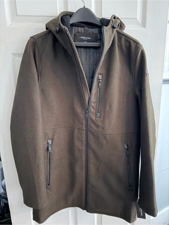 Kenneth Cole Olive Hooded Coat With Black Lining
